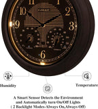 CLXEAST 18 Inch Farmhouse Illuminated Outdoor Atomic Wall Clock with Thermometer & Hygrometer Combo, Night Lighted Wall Clock with Smart Sensor, Weather Stations,Brushed Grey Oak Finish