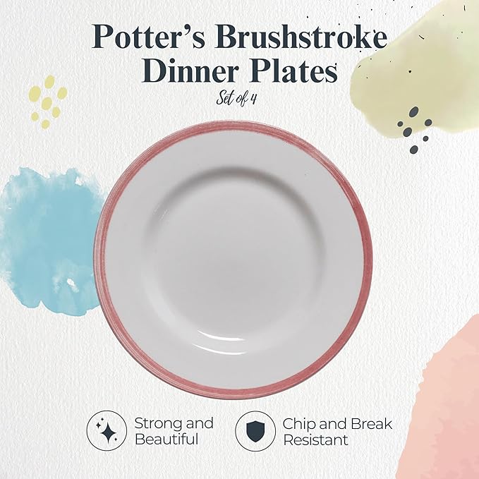 Portmeirion Potter's Brushstroke Dinner Plate (Set of 4) - 10.5" Earthenware Plate with Classic Brushstrokes - Microwave, Dishwasher, Freezer, Oven Safe - Ideal Modern Dinnerware Set (Red)