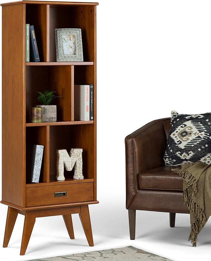 SIMPLIHOME Draper SOLID HARDWOOD 22 Inch Mid Century Modern Bookcase and Storage Unit in Teak Brown, For the Living Room, Study Room and Office