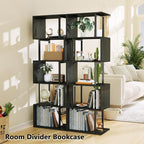 Furologee 6 Tier Bookshelf Tall Geometric Bookcase, S-Shaped Industrial Display Standing Shelf, Metal and Wood Decorative Storage Room Divider Shelves for Bedroom, Living Room, Office, Light Black Oak