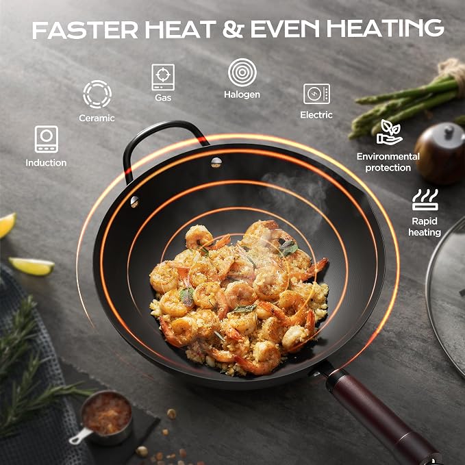 FGJ Wok, 13 Inch Carbon Steel Wok Pan Set 6PCS & Stir-fry Pans Nonstick, Pre-Seasoned 5.8QT Flat Bottom Chinese Woks Roasting Pan Set, Carbon Steel Cookware, Compatible with All Cooktops