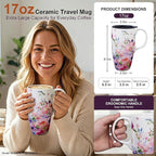 Topadorn 17oz Ceramic Travel Mug with Lid, Floral Coffee Mug with Handle | 17oz Ceramic Travel Mug • Floral Watercolor Design • Spill-Resistant Lid • Microwave & Dishwasher Safe • Gift Box