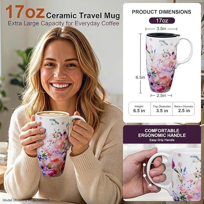 Topadorn 17oz Ceramic Travel Mug with Lid, Floral Coffee Mug with Handle | 17oz Ceramic Travel Mug • Floral Watercolor Design • Spill-Resistant Lid • Microwave & Dishwasher Safe • Gift Box