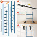 DIYHD 120" Rolling Library Ladder with Handrail, 4FT Sliding Rail, Blue | 10-Step lightweight ladder with space-saving upright storage, Telescopic top hooks, Locking bottom rollers, 300lbs capacity