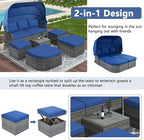 Rectangle Furniture Daybed Sunbed with Retractable Canopy, Outdoor Wicker Conversation Set with Cushions for Patio, Backyard, Porch, Garden, Bc-Blue + Rattan