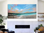 Arjun Ocean Teal Wall Art Canvas Coastal Beach Painting Blue Turquoise Landscape Sunset Picture, Panoramic Gold Foil Textured Large Artwork Framed for Living Room Bedroom Bathroom Wall Decor 48"x24"