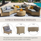 Outdoor 9 Pieces Patio Furniture Half Moon Wicker Sofa Sets, Fan-Shaped Curved Sectional Couch with Coffee Table and Gray Cushions, 1, Brown Rattan