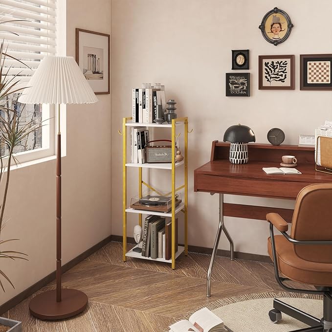 YMYNY Bookcase, 4-Tier Narrow Ladder Bookshelf, Freestanding Shelving Unit, Multifunctional Storage Rack, for Home Office Living Room Bedroom Kitchen, Plant Stand, White, 44 * 16.9 * 11.4" HBC004W