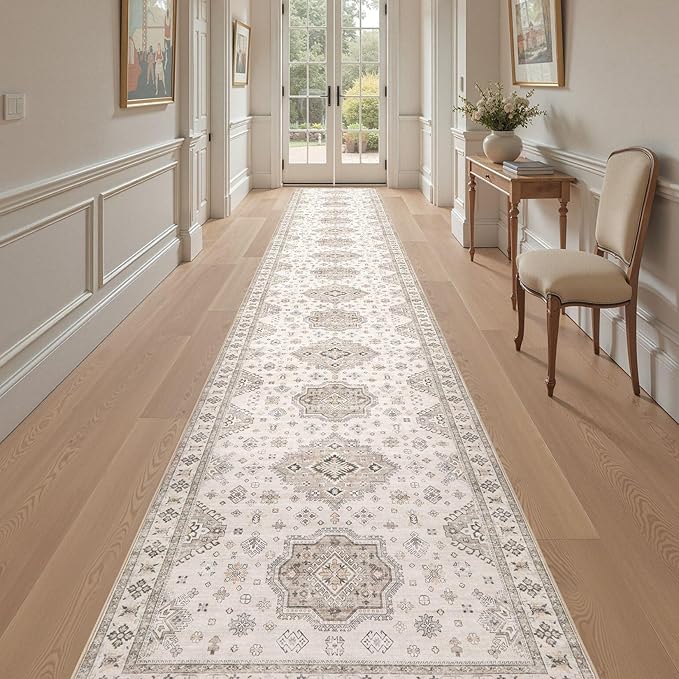 Washable 3x20 Runner Rug - Area Rugs Neutral Vintage Distressed Floral Farmhouse Boho Large Soft Floor Rug Indoor Carpet for Hallway Entryway Home - Beige Brown