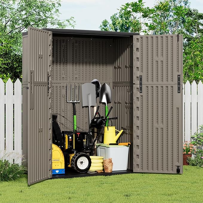 KINYING Outdoor Storage Shed,57 Cu.ft Vertical Outdoor Storage Cabinet Waterproof, Outdoor Resin Tool Shed for Patio Furniture, Garden Tools, Pool Accessories, Lawn Mower(Coffee Color)