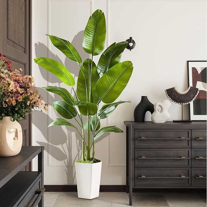 Fake Bird of Paradise Silk Artificial Plant Faux Banana Leaf Tree Lifelike Bird of Paradise for Home Decor Indoor Floor Plant with 10 Trunks (1, White Tall Planter, 6 FT)
