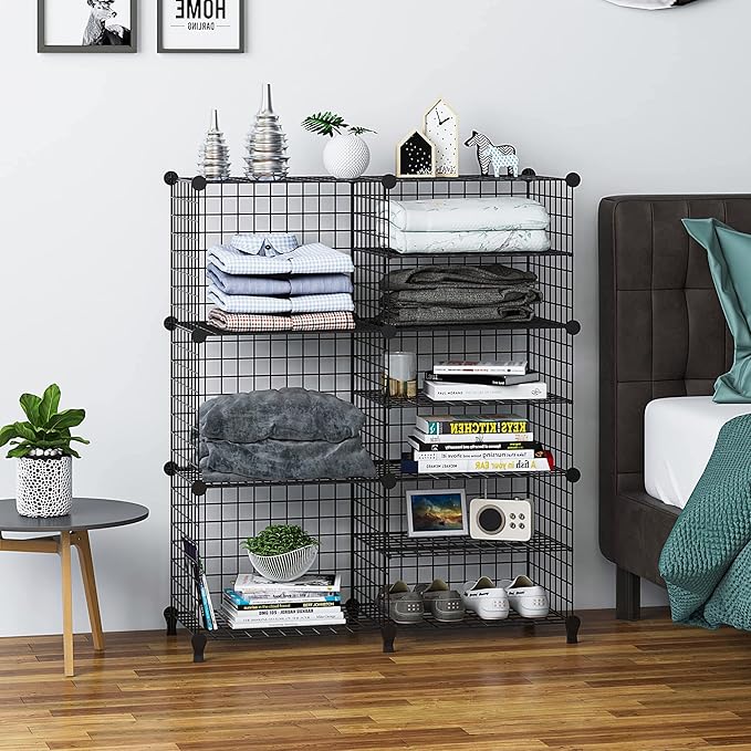 Wolizom Wire Cube Storage, Metal Grids Shelves Bookshelf, Stackable Modular Shelving Organizer, DIY Closet Bookcase Bookshelf, Grid Storage Shelf for Bedroom, Living Room, Office (Black, 3+6 Cube)