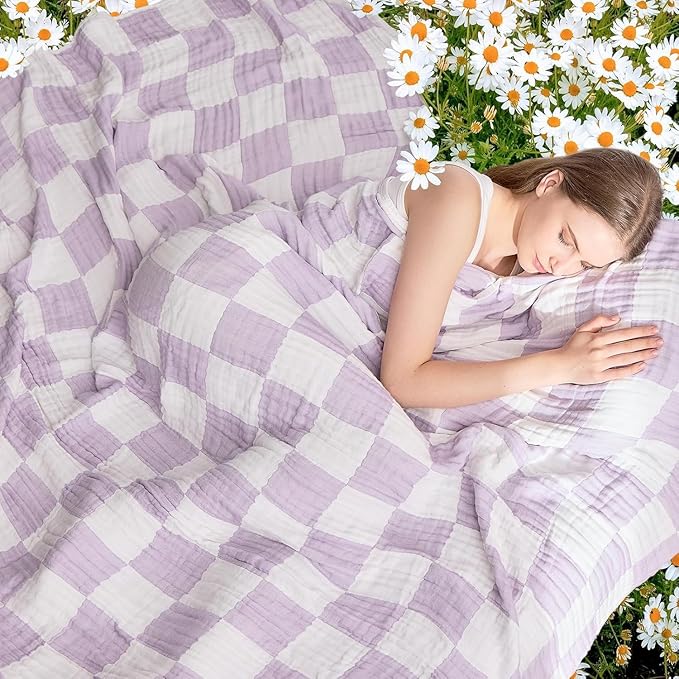 EMME Checkered Cotton Blanket Twin Large 60"x80" 100% Muslin for Couch Breathable Cooling Gauze All Season Soft and Lightweight (Lavender)