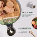 Acacia Wood Serving Board with Ocean Resin Art, 18.1" x 13" Charcuterie Cheese Tray for Display & Prep, Cutting Board on Back, Includes Stand & Loofah, Christmas Housewarming Gift (Round)
