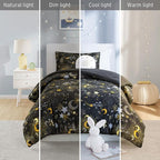 Mi Zone Kids Twin Comforter Set, Celestial Metallic Comforter Set Starry Sky, Moon & Sun Comforter, All Seasons Lightweight & Fluffy Comforter Bed Set, 1 Sham, Celia, Twin Charcoal/Gold 3 Piece
