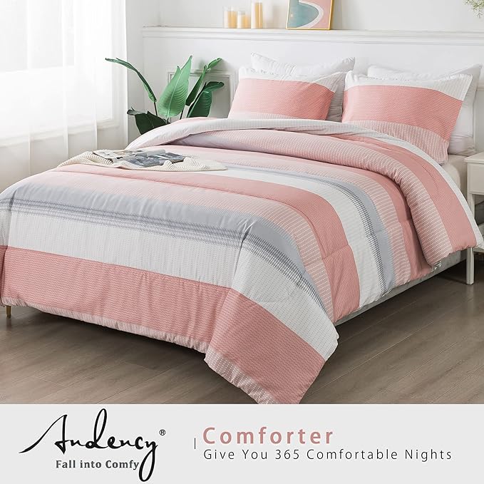 Andency Stripe Comforter Set Full Size (79x90 Inch), 3 Pieces Pink Patchwork Striped Comforter, Soft Microfiber Down Alternative Comforter Bedding Set with Corner Loops