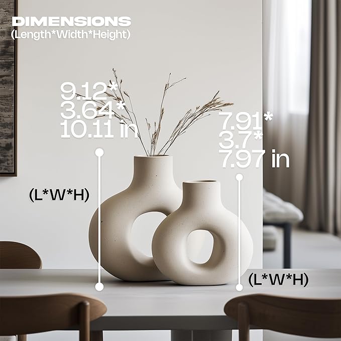 NOBULA White Ceramic Donut Vases – Modern Home Decor for Living Room, Bedroom & Table Centerpiece - Minimalist Nordic – Unique Vases for Olive Plant & Flowers – Decorative Coffee Table Vase Set of 2