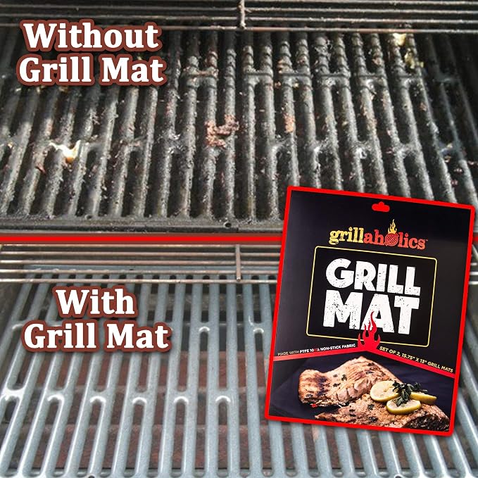 Grillaholics Reusable Non-Stick Grill Mats for Outdoor Grill | Set of 2 | Rated to 500°F | Doubles as Baking Mat & Oven Liner | Dishwasher Safe