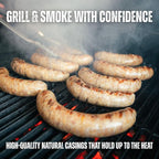 Bearded Butchers Natural Hog Sausage Casings 32-35mm, Edible Pre-Flushed | Stuffs 25-30 lbs, natural snap & bite, resealable brine bag, for bratwurst, Italian sausage, kielbasa, hot dogs, Polish