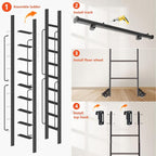 DIYHD 108" Rolling Library Ladder with Handrail, 4FT Sliding Rail, Black | 9-Step lightweight ladder with space-saving upright storage, Telescopic top hooks, Locking bottom rollers, 300lbs capacity