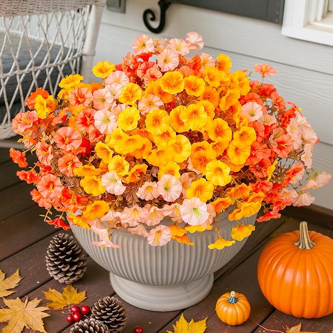 Artificial Mums for Outdoors Fake Fall Flowers Plants for Autumn Decoration, 12 Bundles Silk Morning Glory with Eucalyptus Look Real UV Resistant Faux Mums for Outside Planters Yard Patio Porch, Mix