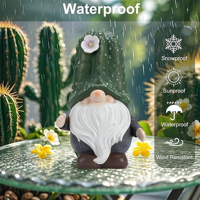 Solar Cactus Gnome Statue Garden Decor Light - Outdoor Decorative LED Flower, Suitable for Patio, Lawnand Garden Decorations, Gifts for Mom