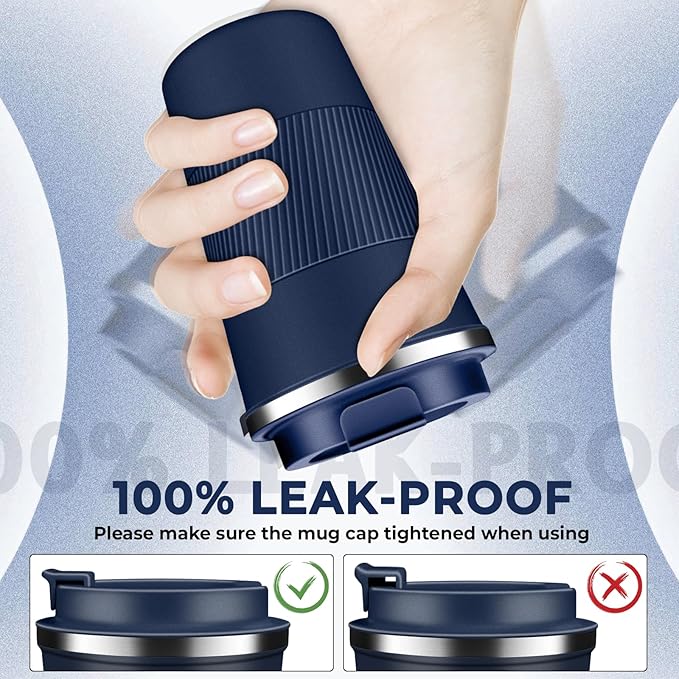 Insulated Coffee Tumbler 17 oz, Stainless Steel Coffee Mug with Lids, Travel Coffee Mug Leak Proof, Double Wall Vacuum Insulated Reusable Coffee Cup, Keep Drinks Hot and Cold (Navy Blue, 17 Ounces)