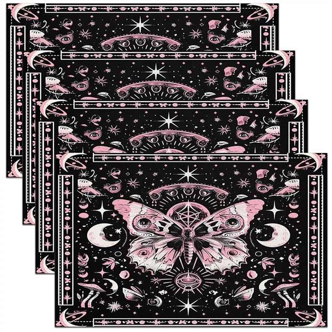 Feelyou Death Moth Placemats Set of 4 18"x12" Boho Exotic Moth Placemat for Kitchen Dining Table Decor Indoor Outdoor for Kids Teens Adults Bohemian Butterfly Table Place Mats, Sun Moon