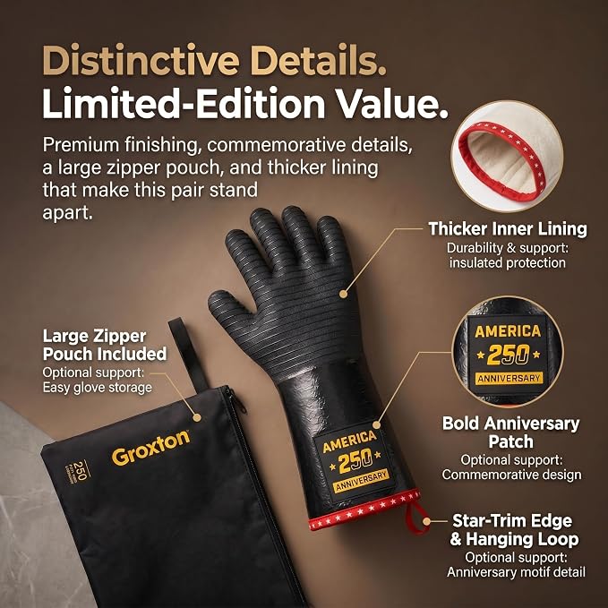 PRO BBQ Gloves, Black Neoprene, 14-Inch, Heat Resistant up to 932°F, Waterproof with Cotton Lining, America 250th Anniversary Edition, Includes Storage Bag (Close Fit-14INCH-932℉-PRO)