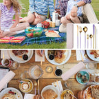 AARAINBOW 8 Pieces Stainless Steel Flatware Set Portable Reusable Cutlery Set Travel Utensils Set Including Chopsticks Knife Fork Spoon Straws Cleaning Brush Dishwasher Safe (Purple Golden)