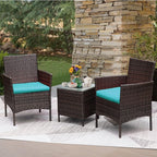 Greesum 3 Pieces Patio Furniture Sets Outdoor PE Rattan Wicker Chairs with Soft Cushion and Glass Coffee Table for Garden Backyard Porch Poolside, Brown and Blue