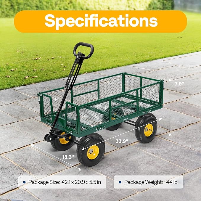 VIVOHOME Garden Cart Steel Heavy Duty 900 LBS Yard and Garden Wagon with 10 inch Tire and Handle Attach to ATV or Tractor Green