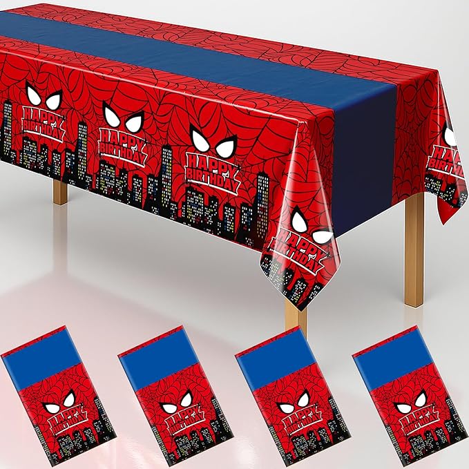 4Pcs 2in1 Spider Birthday Decorations Tablecloths, 54" x 108" Super Hero Spider Table Cloth Disposable Rectangle Plastic Table Cover for Boys Birthday Party Supplies