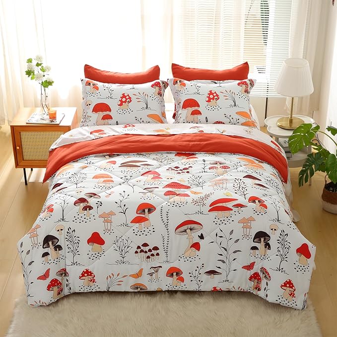 Mushroom Comforter Set Twin Size for Boys Girls Kids Teens 7 Piece Butterfly Flower Bedding Set Bed in a Bag (1 Comforter, 1 Flat Sheet, 1 Fitted Sheet, 2 Pillow Shams, 2 Pillowcases)