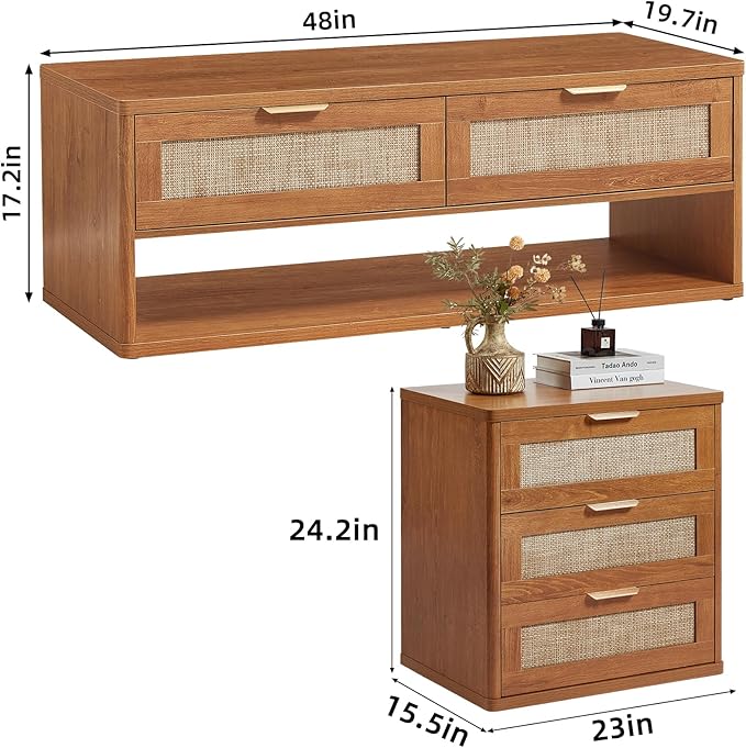 LEYAOYAO Boho Rattan Coffee Table and End Table Sets, 48" Wide Center Tables & 23" Night Stand with 3 Drawers, Brown Wood Coffee Table for Living Room 2 Piece Set