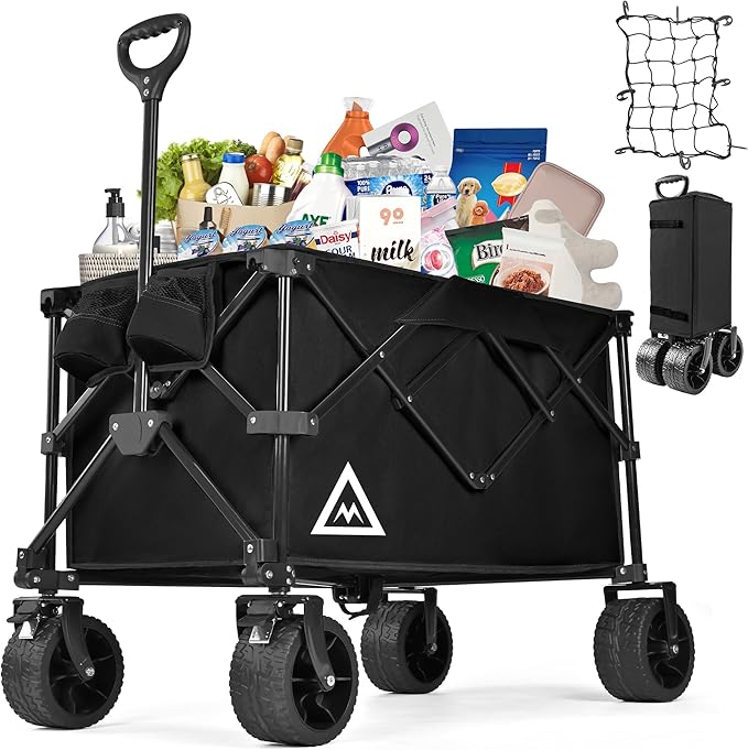 Wagon Cart Shopping Foldable Folding Collapsible with Wheels Big On Beach Garden Outdoor Grocery Heavy Duty Utility All Terrain Portable Wagons Carts for Groceries Sand Camping Sports Black
