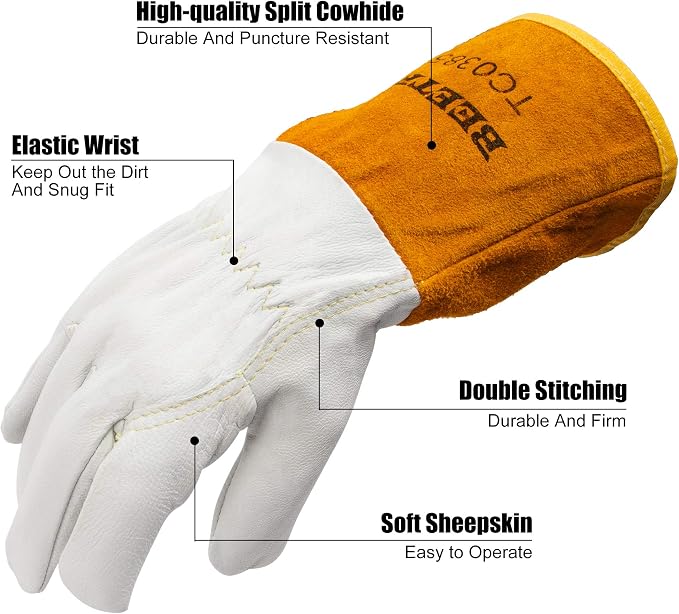 BEETRO Working Gloves 1 Pair, Tig Welding Cowhide Split Leather, Heat/Fire Resistant BBQ/Warehouse/Heavy Duty/Animal Handling Glove, Extremely Soft and Flexible