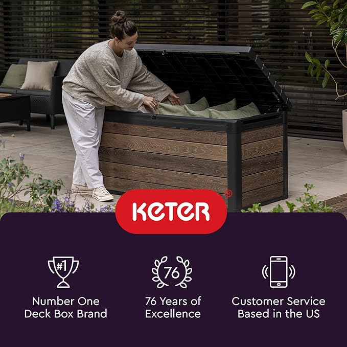 Keter City 30 Gallon Resin Outdoor Storage Box and Patio Furniture Side Table for Pool and Garden Accessories, Brown
