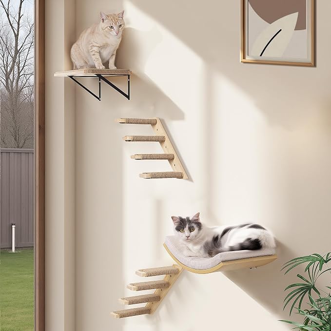 Wooden Cat Wall Steps Shelves Set, Wall Mounted Cats Shelves with Foam Cushion Bed, Flat Perch & 2 Four-Step Cat Ladders for Climbing