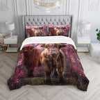 Cow Print Comforter Set Queen Size Cherry Blossoms Cow Bedding Set Farmhouse Animals Quilt Bed Set with 1 Comforter and 2 Pillowcases