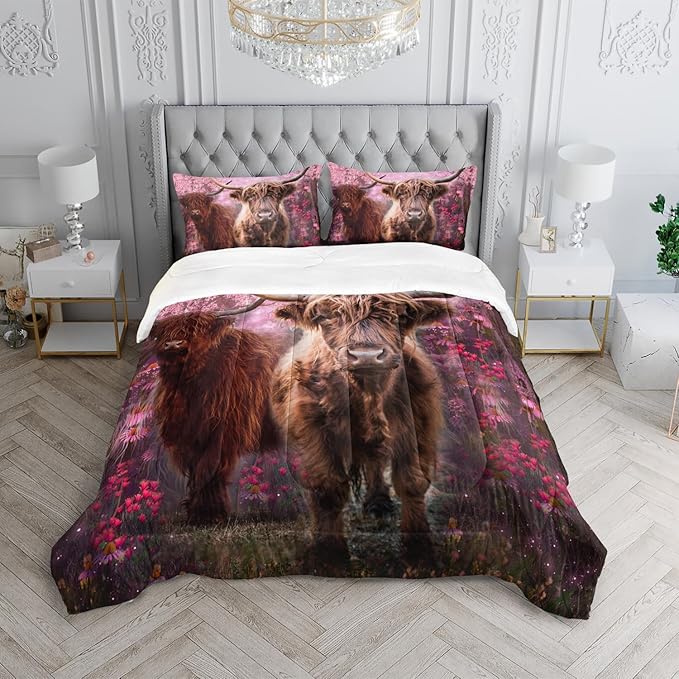 Cow Print Comforter Set Queen Size Cherry Blossoms Cow Bedding Set Farmhouse Animals Quilt Bed Set with 1 Comforter and 2 Pillowcases