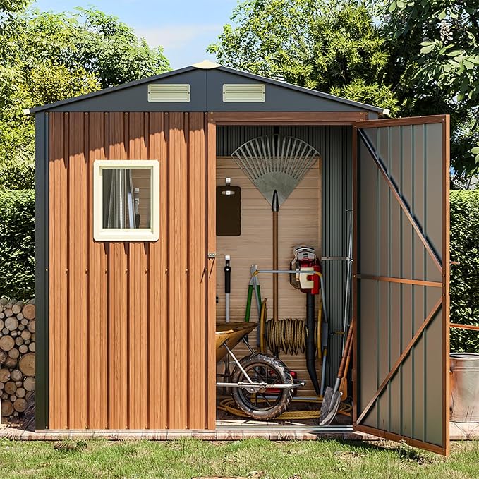 Outdoor Storage Shed 6x4 Ft, Lockable Metal Garden Shed with Window, Tool Shed Tiny House Vertical Outside Storage Building for Backyard, Lawn, Patio, Bike
