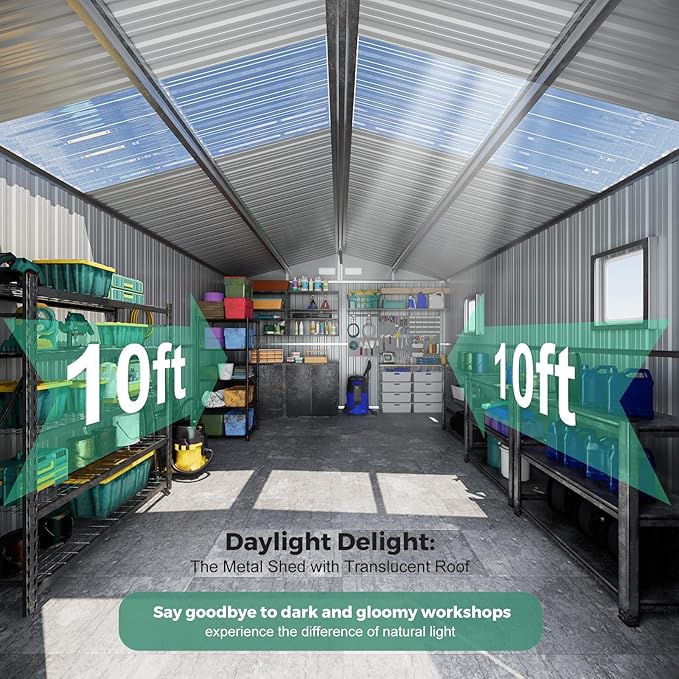 Metal Shed 10x10 Sheds Outdoor Storage, Natural Lighting Tool Sheds with Translucent Roof Panels, Windows, and Lockable Doors, Ideal for Garden, Backyard, and Patio