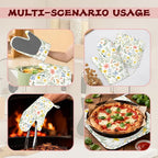 Wildflowers Oven Mitts and Pot Holders (4PCS),Vintage Plants Herb Flower Butterfly Heat Resistant Non-Slip Silicone Kitchen Gloves for Cooking, Baking, BBQ Waterproof Kitchen Accessories
