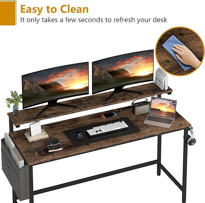Shintenchi 55 inch Computer Desk with Monitor Stand, Stable Design Writing Desk, Study Workstation Home Office Table with Storage Bag & Hook, Vintage Brown