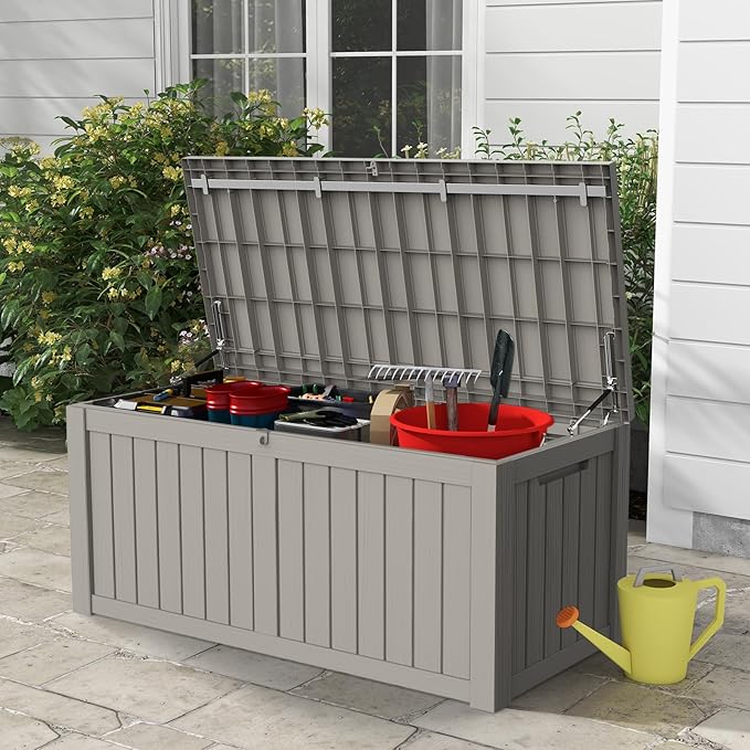 Mars Villa 119 Gallon Outdoor Storage Box Waterproof, Large Resin Deck Box for Pool Supplies Storage, Outdoor Patio Furniture Cushions, with Hydraulic Hinge, UV-Resistant and Weatherproof, Greige