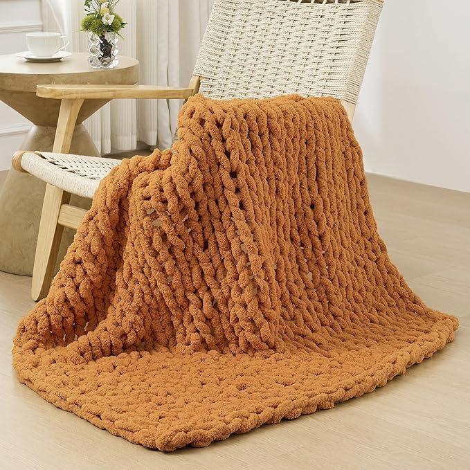 Bigacogo Chunky Knit Throw Blanket for Couch, 40x40 inches, 100% Hand Knitted with Thick Jumbo Chenille Yarn, Cozy Soft Large Rope Knot Cable Crochet Blankets for Sofa Bed Living Room, Burnt Orange
