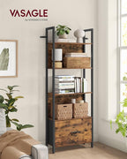 VASAGLE 5-Tier Bookshelf, Book Shelf with Drawer, Industrial Bookcase, with Steel Frame, for Living Room, Home Office, Bedroom, 9.4 x 23.6 x 65 Inches, Rustic Brown and Black ULLS147B01