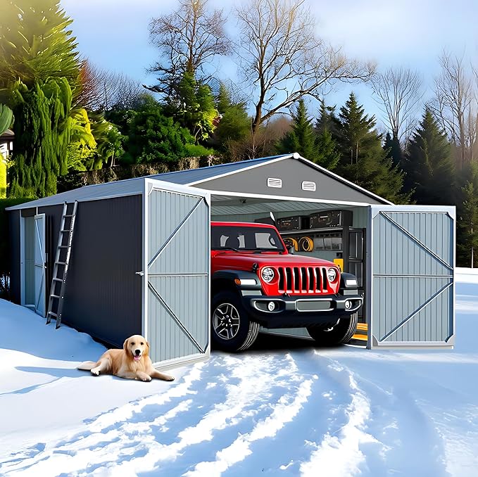 Metal Garage Shed 20x13 FT, Sheds & Outdoor Storage Clearance, Outdoor Storage Shed for Car, Truck, Bike, Lawnmower, Backyard Tool House, Boasting 2 Doors and 4 Vents, Dark Gray