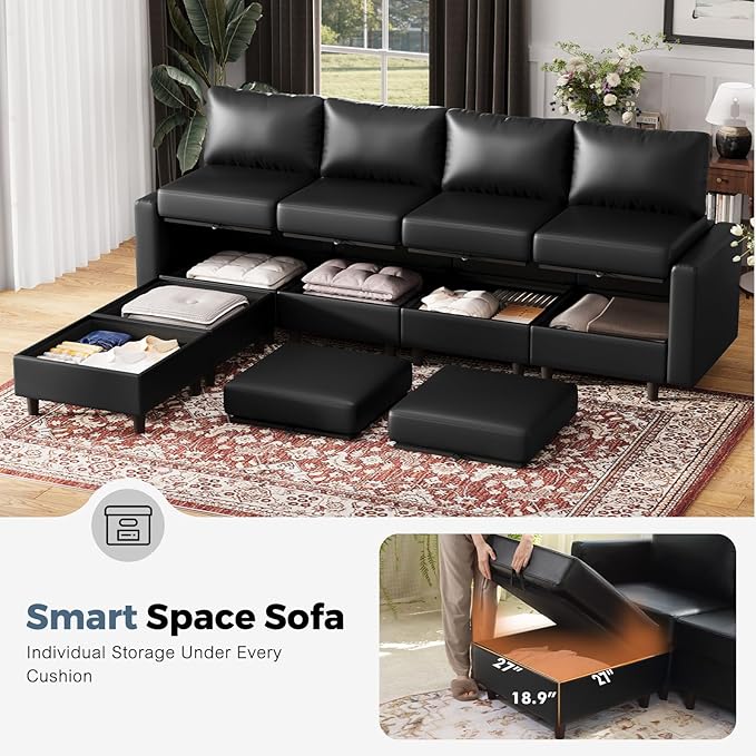 91.5" Faux Leather U Shaped Modular Sectional Sofa, 5 Seater Couch with Movable Ottoman Deep Seat and Storage Seat with Removable Cover for Living Room, Apartment - Black